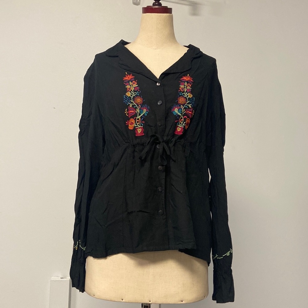 Nomadic Traders Fresco Black Button Down Long Sleeve Shirt Tunic Top Large - Picture 1 of 6